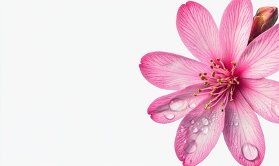 Fototapeta premium Close-up of a pink flower with water droplets on petals against a soft white background