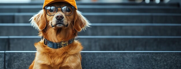 Golden retriever wearing glasses and a cap, sitting on steps, humorous portrait