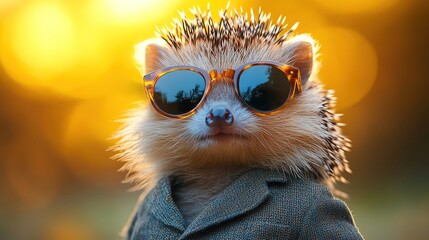 Obraz premium Hedgehog in a suit with sunglasses, yellow background, quirky