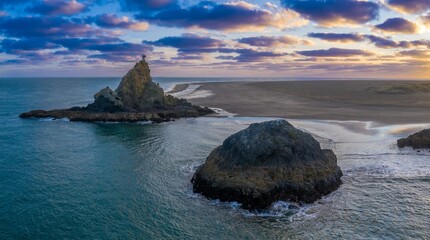 Dramatic coastal scene of Whatipu at sunset. Rocky outcrops and a sandy beach meet the ocean. A...