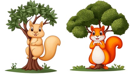 Fototapeta premium Cute Cartoon Squirrels on Trees with Bright Green Foliage and Grass