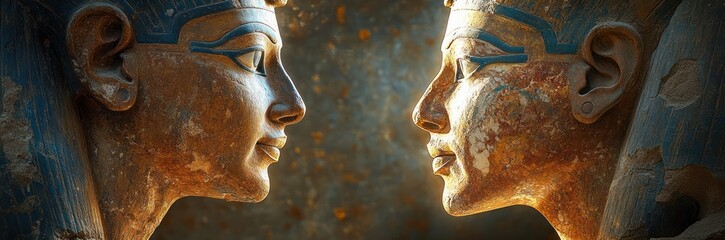 Carvings of Pharaohs and Ancient Egyptian Hieroglyphs in Muted Golden Tones with Dramatic Lighting