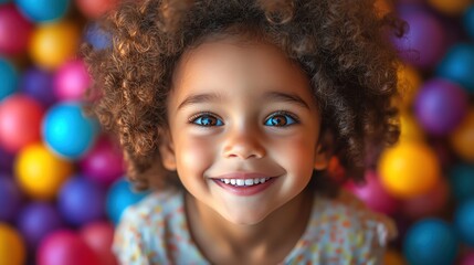 Laughing child in colorful ball pit, vibrant lighting, top view
