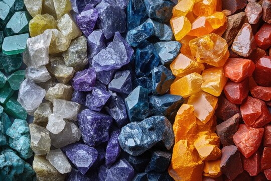 Colorful tumbled stones arranged by color. Perfect for healing crystal, chakra, or gemstone themes.