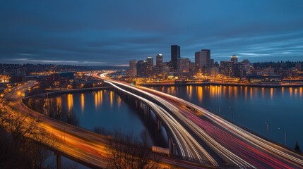 Fototapeta premium Night Cityscape Illuminated Highway Bridges and Skyline