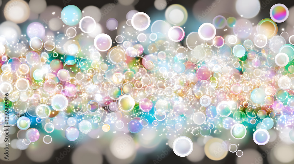 Poster iridescent orbs and shimmering particles floating in a dreamy abstract space of light and color.