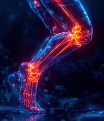 Dynamic 3D Illustration of Knee Joint Pain in Running Man with Highlighted Anatomy and Sci-Fi Elements