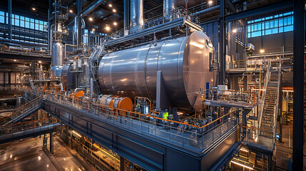 A high-resolution view of key components in a biomass power plant, showcasing industrial boilers and fuel conveyors. 