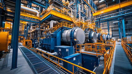 Fototapeta premium A high-resolution view of key components in a biomass power plant, showcasing industrial boilers and fuel conveyors. 