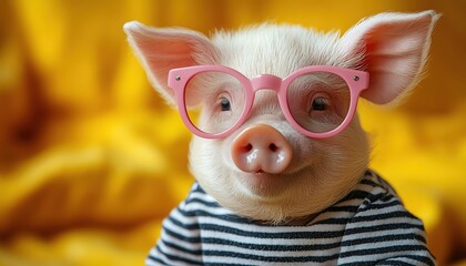 Pig in pink sunglasses and striped shirt, yellow background