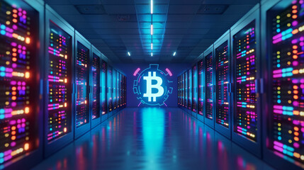 Digital Fortress: A neon-lit bitcoin symbol shines amidst rows of servers in a futuristic data center. capturing the essence of cryptocurrency, blockchain, and the digital age.