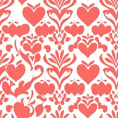 Seamless design with coral hearts and ornaments, symmetrical on white background, for wallpaper or decoration