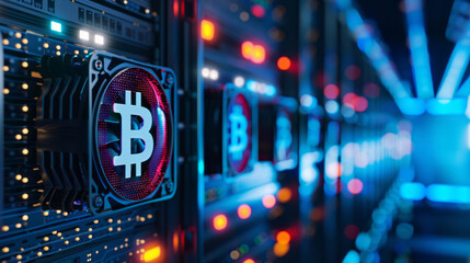 Bitcoin Mining Rig: A captivating perspective of a Bitcoin mining rig with multiple illuminated Bitcoin symbols, showcasing the power and technological complexity of cryptocurrency mining.