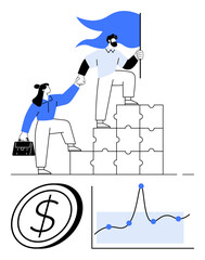 Two figures climb puzzle steps, embracing leadership with a blue flag. Graph and dollar symbol highlight financial success and growth. Ideal for teamwork, leadership, success, collaboration, finance