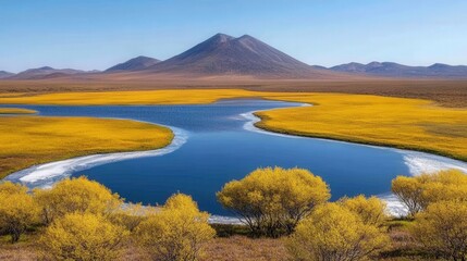 Fototapeta premium Serene lake winds through golden fields, mirroring the sky. Backdrop is a volcanic mountain