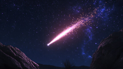 Fototapeta premium Luminous Celestial Comet Streaking Across Starry Sky Over Rocky Terrain at Nighttime Scenery.
