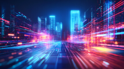 Abstract digital background with futuristic cityscape, glowing neon lights and holographic elements on virtual street. Cyberpunk Holographic Street. Illustration