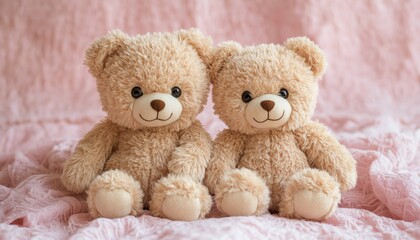 Two cuddly teddy bears on a soft pink background