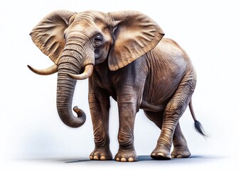 Fototapeta premium Majestic Elephant Raising Trunk, Isolated on White Background - Wildlife Stock Photo