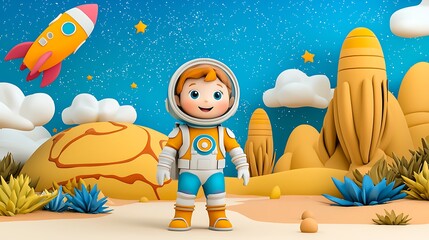 Naklejka premium Cheerful Cartoon Astronaut in Colorful Outer Space Landscape