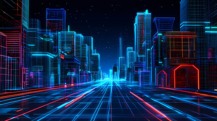 Obraz premium Cyberpunk cityscape: neon street at night - cyberpunk. Cyberpunk Holographic Street. Illustration