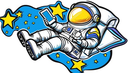 Naklejka premium Astronaut Relaxing in Space with Smartphone Surrounded by Stars