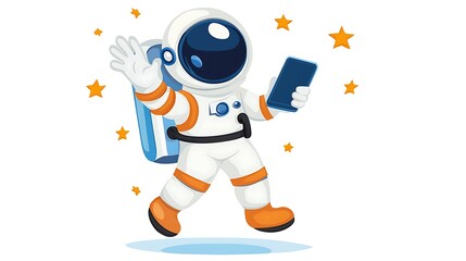 Obraz premium Cheerful Astronaut with Smartphone in Space Surrounded by Stars