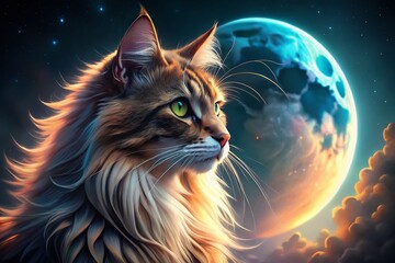 Majestic Fantasy Cat Gazing at Full Moon - 4K Night Sky Background Stock Photo