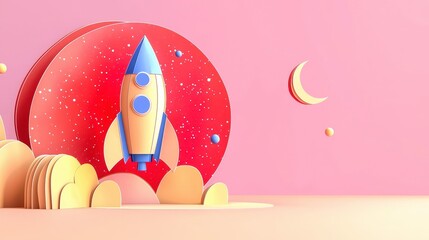 Startup Cartoon rocketship launches toward the moon against a pink stellar background for success