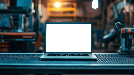 Close-up view of a modern laptop mockup on a workbench inside a workshop featuring industrial tools and equipment