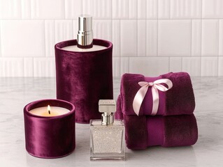 Still life Bath products on counter, tiled background for hotel or interior design