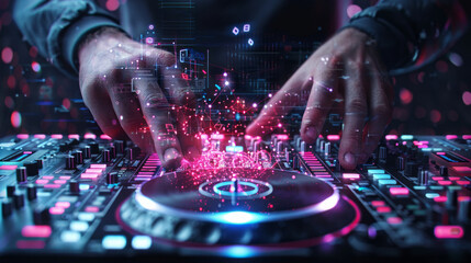 Hands of the DJ: A dynamic, close-up shot capturing the hands of a DJ skillfully manipulating a digital soundboard, immersed in a vibrant environment of pulsating lights and electronic artistry.
