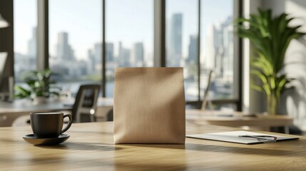 Modern Desk Featuring a Brown Book Cup and Papers with Cityscape Background in Daylight