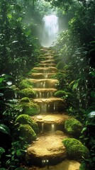 Fototapeta premium Stone stairs climb through lush jungle towards light. Destination, peaceful journey concept