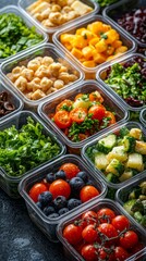 Obraz premium A wide variety of lunch foods is displayed in reusable containers, highlighting fresh vegetables, fruits, and grains. The vibrant colors invite a nourishing and eco-friendly meal choice