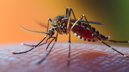 Close-up view of Aedes albopictus mosquito feeding on human skin during the summer in a tropical environment