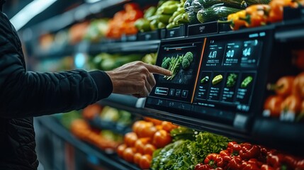 Augmented Reality Grocery Shopping with Interactive Smart Display Technology   Futuristic Retail Concept Showcasing Innovative Digital Solutions for Seamless and Efficient Customer Experience