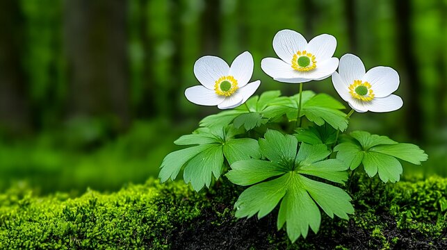Delicate White Anemone Flowers Blooming Amongst Lush Greenery in a Serene Forest Setting