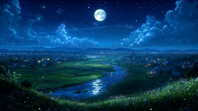 Glowing full moon illuminating vast valley with flowing river under starry night sky. Seamless looping 4K video background