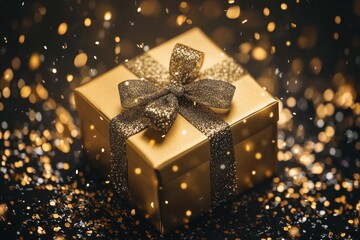 Gold gift box with glitter ribbon, amidst sparkling confetti. Perfect for luxury, celebration, or gifting themes.