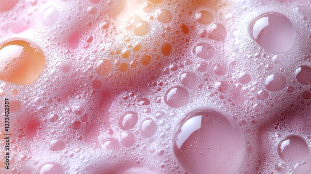 Poster soft, luscious pink soap foam fills the surface, featuring delicate bubbles clustered together, crea