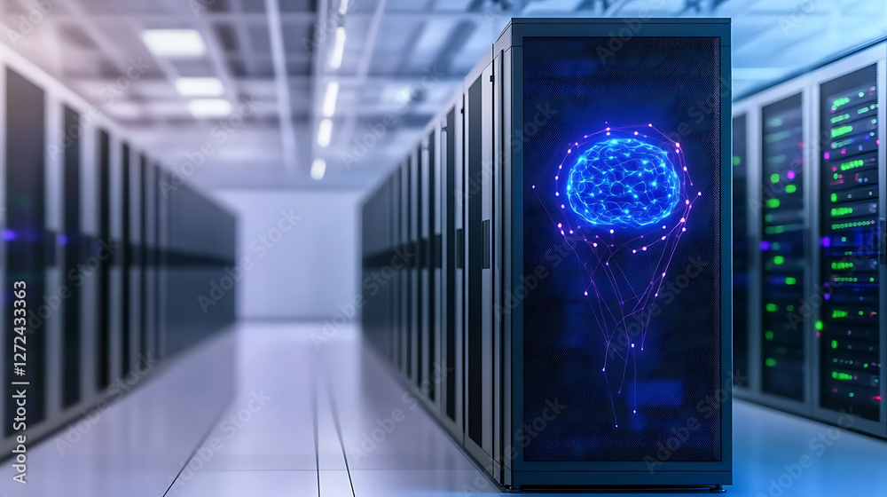 Poster neural network brain in data center servers for machine learning and deep computing technology.