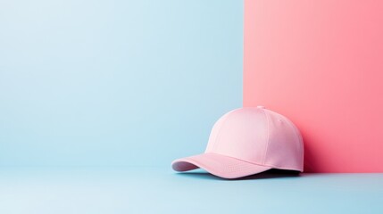 Fototapeta premium Playful pastel pink baseball cap on a soft cotton-candy-colored background. No people no text