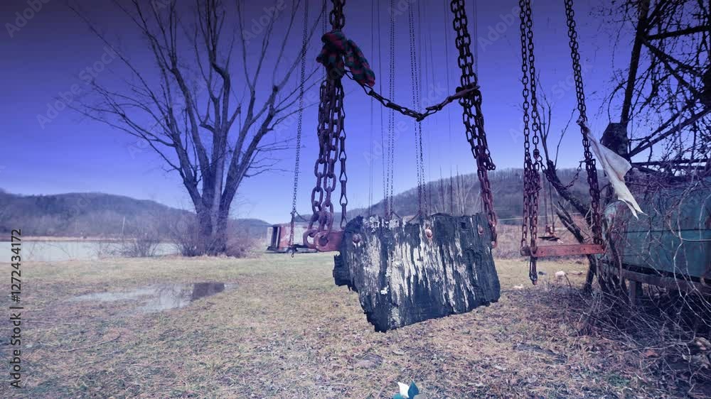 Wall mural old abandoned swing wind and fog 4k features an old swing swaying in the wind in an abandoned amusem
