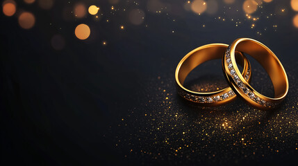 Elegant golden wedding rings with diamond accents placed on a dark glittering surface, surrounded by soft glowing bokeh lights, symbolizing love and commitment.