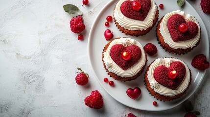 Valentine cupcakes with heart shaped topper on white plate. Fresh raspberries background. For celebration