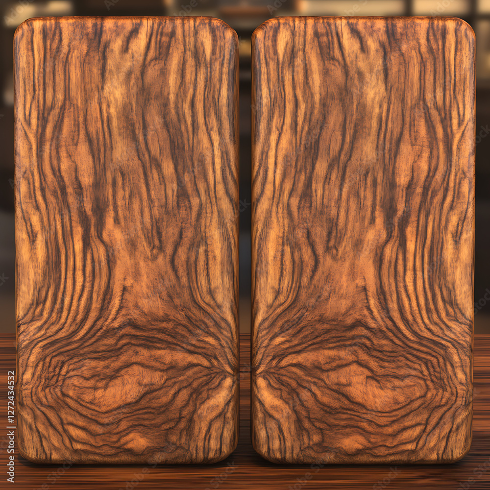 Poster pair of rectangular wooden blocks with intricate grain patterns resting on a wood surface.