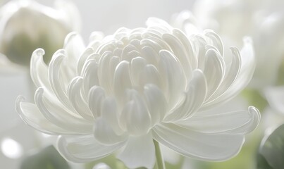 Obraz premium Delicate white chrysanthemum flower in soft focus, surrounded by blurred greenery, evoking tranquility