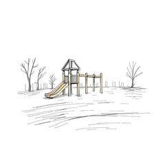 Hand-Drawn Sketch of a Playground in Winter