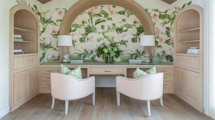Serene Home Office with Floral Wallpaper and Built-in Bookcases